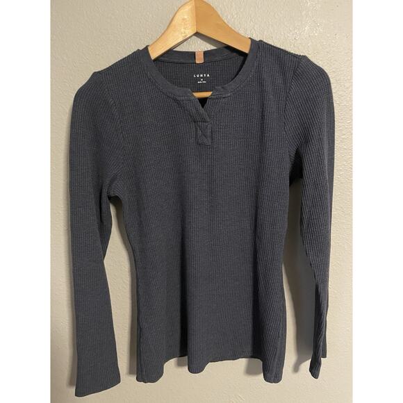 Lunya Womens Good In Bed Henley Top Size Medium Navy Pima Stretch Waffle Knit - Picture 1 of 8